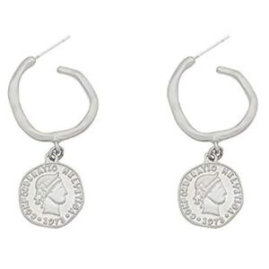 Silver Coin Earrings Elizabeth Portrait Hoop Dangle Drop Disc Minimalist, NWT